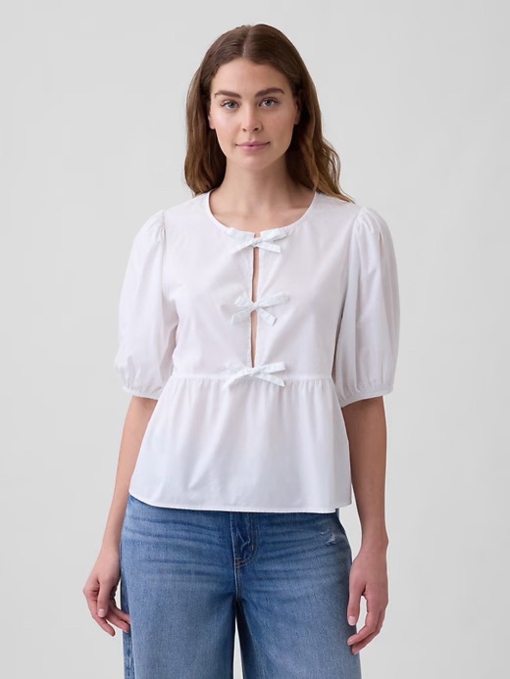 Poplin Puff Sleeve Tie-Front Top